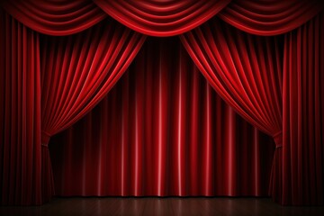 Red velvet theater curtains with elegant folds partially open on a wooden stage under spotlight.