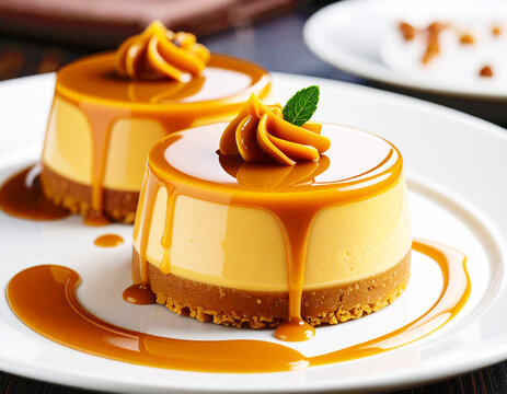 Caramel cake on a white plate. AI - Powered by Adobe