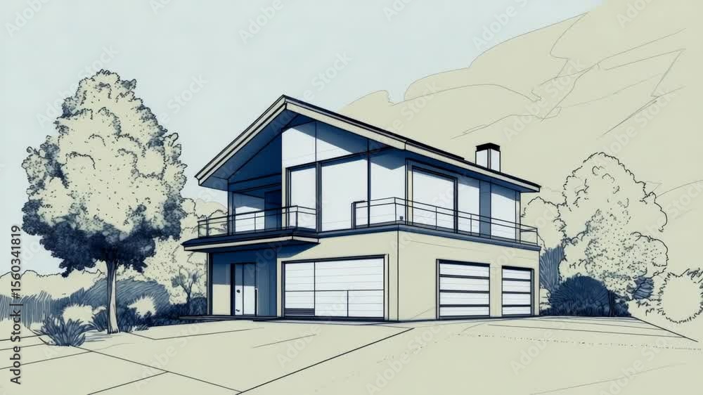 Poster a residential building with a raised platform and railing, suitable for various uses including real 