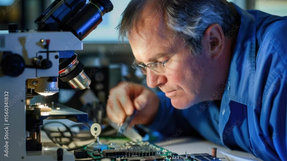 Poster A person inspects a printed circuit board using a microscope, great for tech-related and scientific illustrations