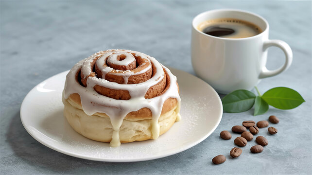 A high-quality food photography shot of a cinnamon roll with white cream cheese icing on a white ceramic plate. - Powered by Adobe
