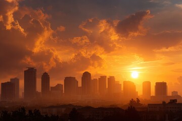 Majestic cityscape bathed in fiery sunset hues with dramatic orange clouds and silhouetted buildings