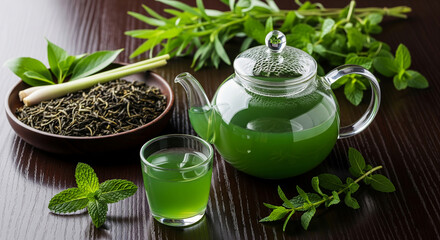 Glass teapot and cup of green tea, surrounded by fresh mint and lemongrass, showcasing a refreshing and healthy beverage concept