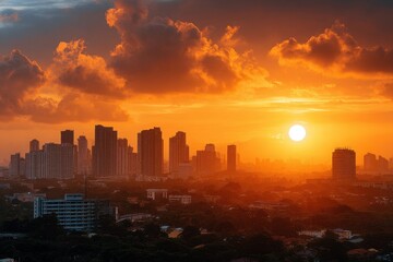 Fototapeta premium Vibrant sunset illuminates a sprawling cityscape with dramatic orange clouds and towering buildings