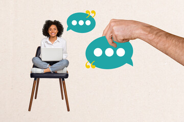 Creative design composite trend artwork collage of young lady sit armchair work laptop app chat tag...