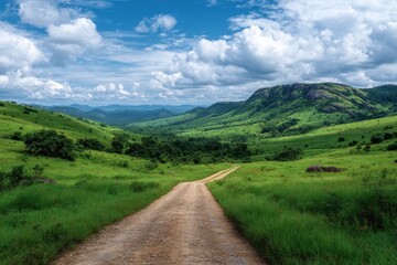 Fototapeta premium A winding dirt path leads through lush green rolling hills under a vast sky filled with puffy clouds