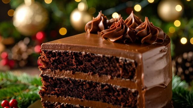Festive chocolate layer cake slice adorned with chocolate frosting rosettes for a winter holiday celebration with blurred Christmas background
