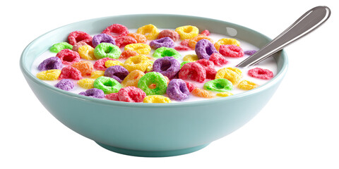 Colorful cereal loops in a light blue bowl with milk and a spoon, a delicious and vibrant breakfast food concept
