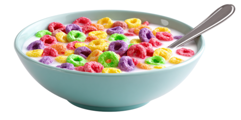 Colorful cereal loops in a light blue bowl with milk and a spoon, a delicious and vibrant breakfast food concept