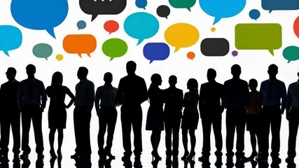 Diverse group of people silhouettes stand beneath colorful speech bubbles representing communication and social media connections, team, business - Powered by Adobe