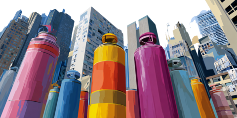 Colorful abstract cityscape with futuristic buildings and vibrant cylindrical structures Concept of urban development, modern architecture, and creative city planning