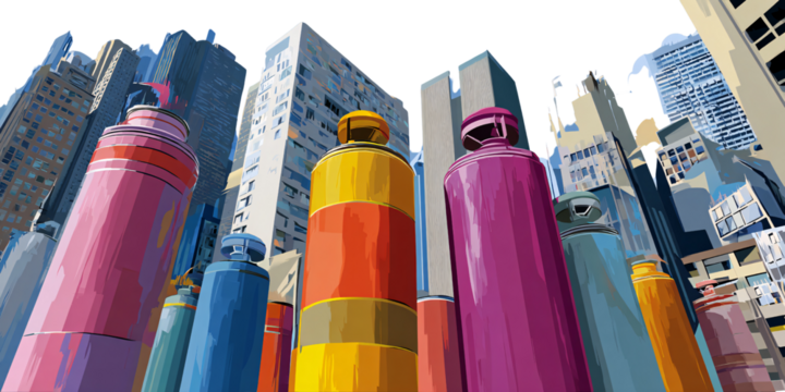 Colorful abstract cityscape with futuristic buildings and vibrant cylindrical structures Concept of urban development, modern architecture, and creative city planning