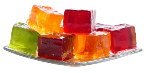 Colorful fruit jelly cubes on a glass plate, vibrant dessert treat for kids and adults Concept of sweetness, childhood, and party food