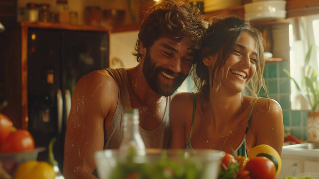 Romantic couple is cooking in kitchen. Handsome man and attractive young woman are having fun together while making salad. Healthy lifestyle concept.