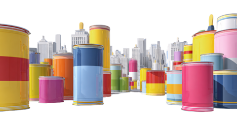 Colorful paint cans forming a vibrant cityscape against a white building backdrop Concept of creativity, urban art, and industrial design