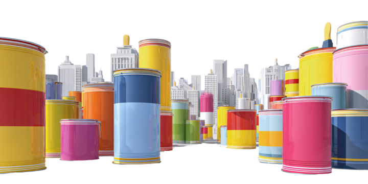 Colorful paint cans forming a vibrant cityscape against a white building backdrop Concept of creativity, urban art, and industrial design