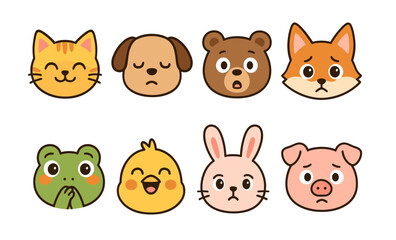 Cute animal faces set featuring cat, dog, bear, fox, frog, chick, rabbit, and pig