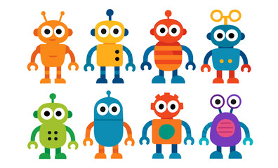 Obraz premium Colorful cartoon robots: playful characters for kids' fun and creativity
