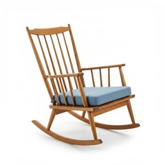 A light wooden rocking chair with a simple design and a blue cushion