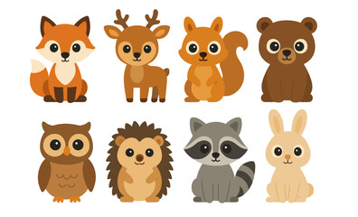 Fototapeta premium Cute forest animals vector set with owl, fox, deer, squirrel, bear, hedgehog, raccoon, and rabbit