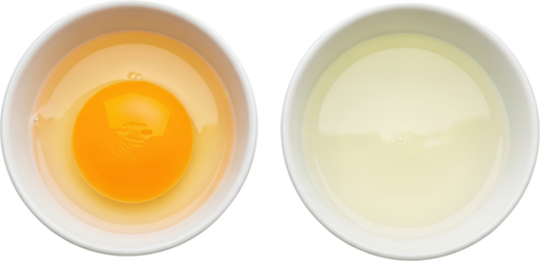 Overhead view of a cracked whole egg with yolk and egg white in one white bowl next to a bowl of separated egg whites