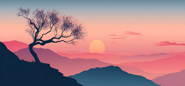 Stylized minimalist landscape featuring a silhouetted tree with sparse leaves on a dark hill against a gradient sky with a setting sun and layered mountains in pink and blue hues