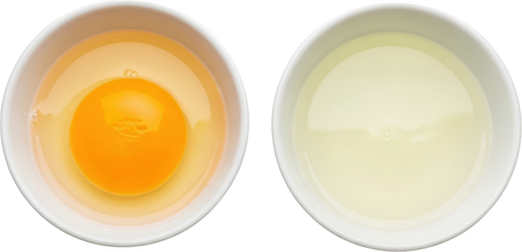 Overhead view of a cracked whole egg with yolk and egg white in one white bowl next to a bowl of separated egg whites