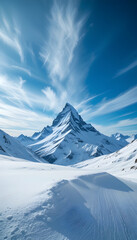 Majestic Snow-Capped Mountain Peak Under Vibrant Blue Sky – Vertical Landscape Photography