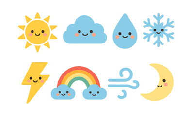 Cute weather icons: sun, cloud, raindrop, snowflake, lightning, rainbow, wind, moon