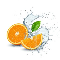Two orange slices with a leaf create a vibrant water splash, isolated on white background