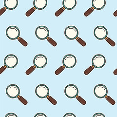 Seamless vector pattern of cartoon magnifying glasses on light blue background, fun and simple.