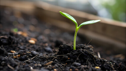 Seedling growing in soil close up shot for agriculture and gardening concept and plant growth stages