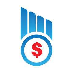 Blue gradient bars above red dollar symbol inside blue circle finance money