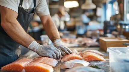 Skilled worker prepares fresh salmon fillets in a bustling seafood market during the afternoon hours