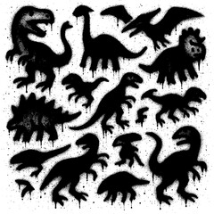 Graffiti Spray Paint Dinosaur Icons – Black Ink Stencil with Blood Splatter Effect and Transparent Background