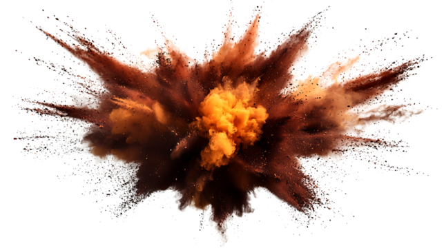 Explosion of vibrant orange and brown powder isolated on white or transparent png