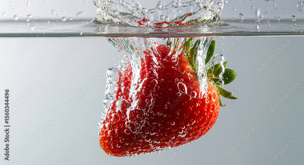 Poster red strawberry submerging in water, creating splash and bubbles. image showcases freshness and vibra