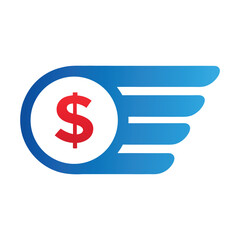 Red dollar symbol with blue wings money finance
