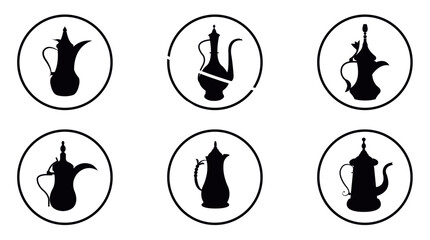 Classic Arabic Coffee Pot Silhouette for Culture Concepts, Arabic coffee Pot vectors Old Arabic teapot icons set. Black coffee pots, showcasing Arabian tradition and hospitality، Vector illustration