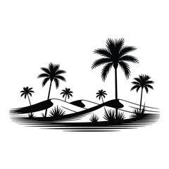Black and White Desert Landscape with Palm Trees Silhouette Illustration