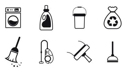 Cleaning Icon Set cleaning, Cleaning vector icons.
set of home cleaning tools or items black silhouette design, mop broom bucket laundry bundle logo icon