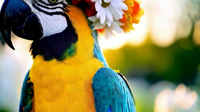 Close-up of a colorful parrot wearing a vibrant flower crown, capturing its beautiful feathers and inquisitive expression in a natural setting