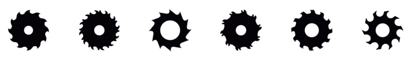 Collection of saw border frames. Ideal for decorative carpentry vintage label designs, Circular saw blades set silhouette vector illustration