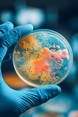 Close up a doctor hand in glove holding a petri dish with diverse bacterial colonies in laboratory