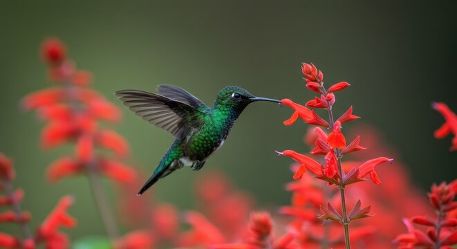 A hummingbird hovers near vibrant red flowers - Powered by Adobe