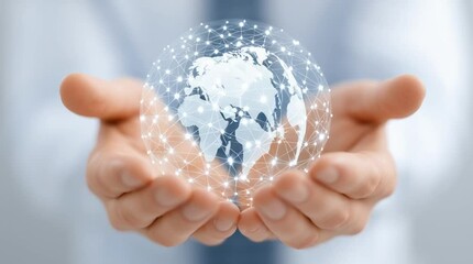 Holding digital globe with network connections symbolizing global stock market interaction and worldwide business opportunities in modern concept of technology and finance in world hand connection - Powered by Adobe