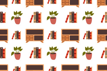 Seamless pattern with cozy interior with house plants. Vector illustration of armchair, bookshelf plants and books collected in ornament on white background