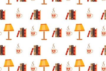 Seamless pattern with cozy interior with house plants. Vector illustration of armchair, bookshelf plants and books collected in ornament on white background