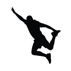 Silhouette of a male athlete jumping and stretching on a white background