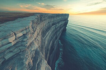 Majestic cliff overlooking tranquil ocean at sunset, layered rock formations, serene landscape.